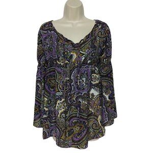 Michele Michelle Boho Paisley Blouse Top Small Purple Green White